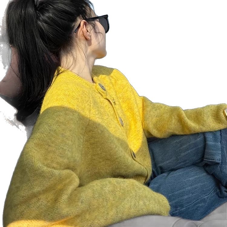 高级感小众慵懒风针织开衫春秋新款宽松小个子别致软糯黄色外套女|undefined