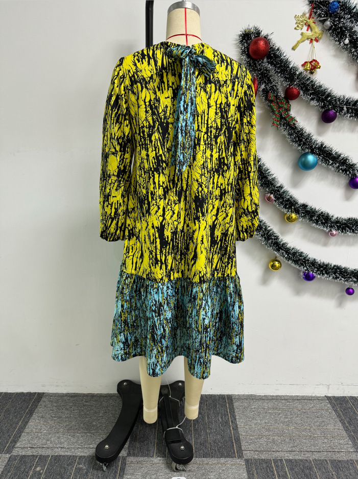 Printed Lace up Lantern Sleeve Loose Large Round Neck Dress