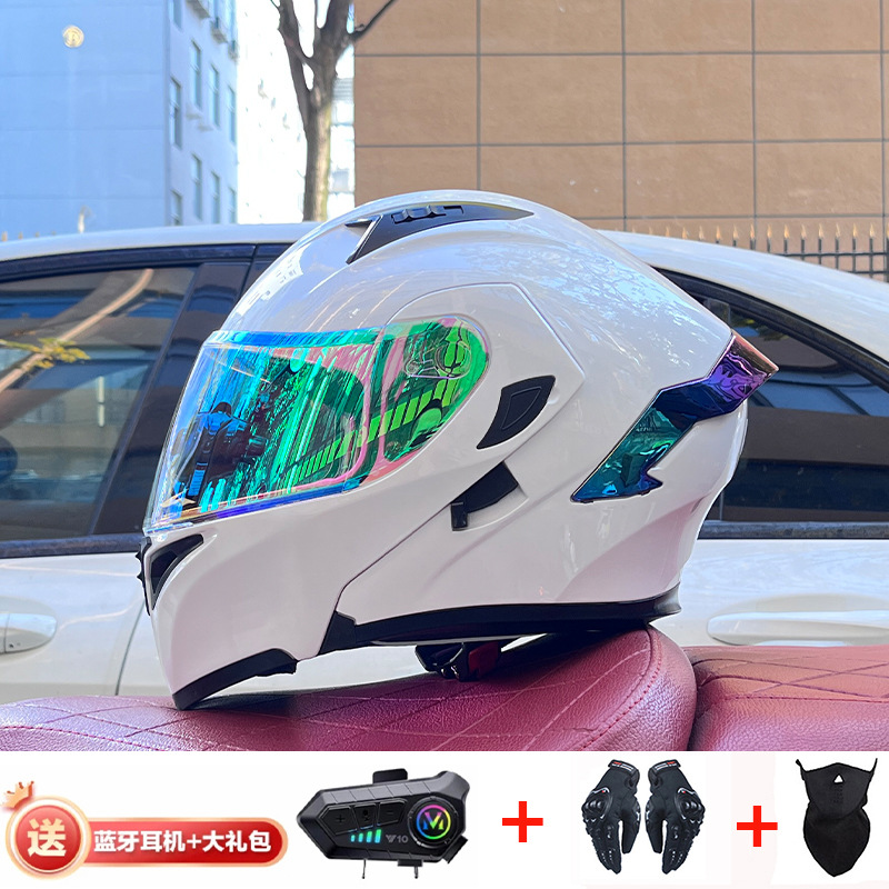 Casco de exposición Orz para hombres y mujeres invierno Doble espejo coche eléctrico semi-Casco completo cola de color coche deportivo ranura Bluetooth cuatro estaciones casco