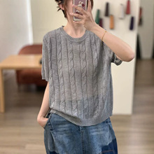 夏季新款2026简约百搭休闲圆领宽松麻花印花套头短袖针织衫上衣女