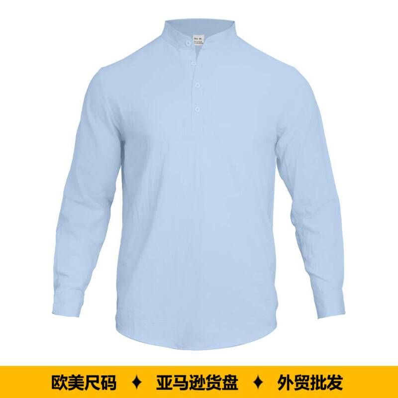 European and American Men's Spring and Autumn Henley Collar Half-Open Linen Solid Color Casual Plus-Size Amazon Cross-Border Long-Sleeve Shirt