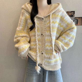 韩系毛衣外套新款大码女装胖mm宽松慵懒洋气减龄针织开衫连帽毛领
