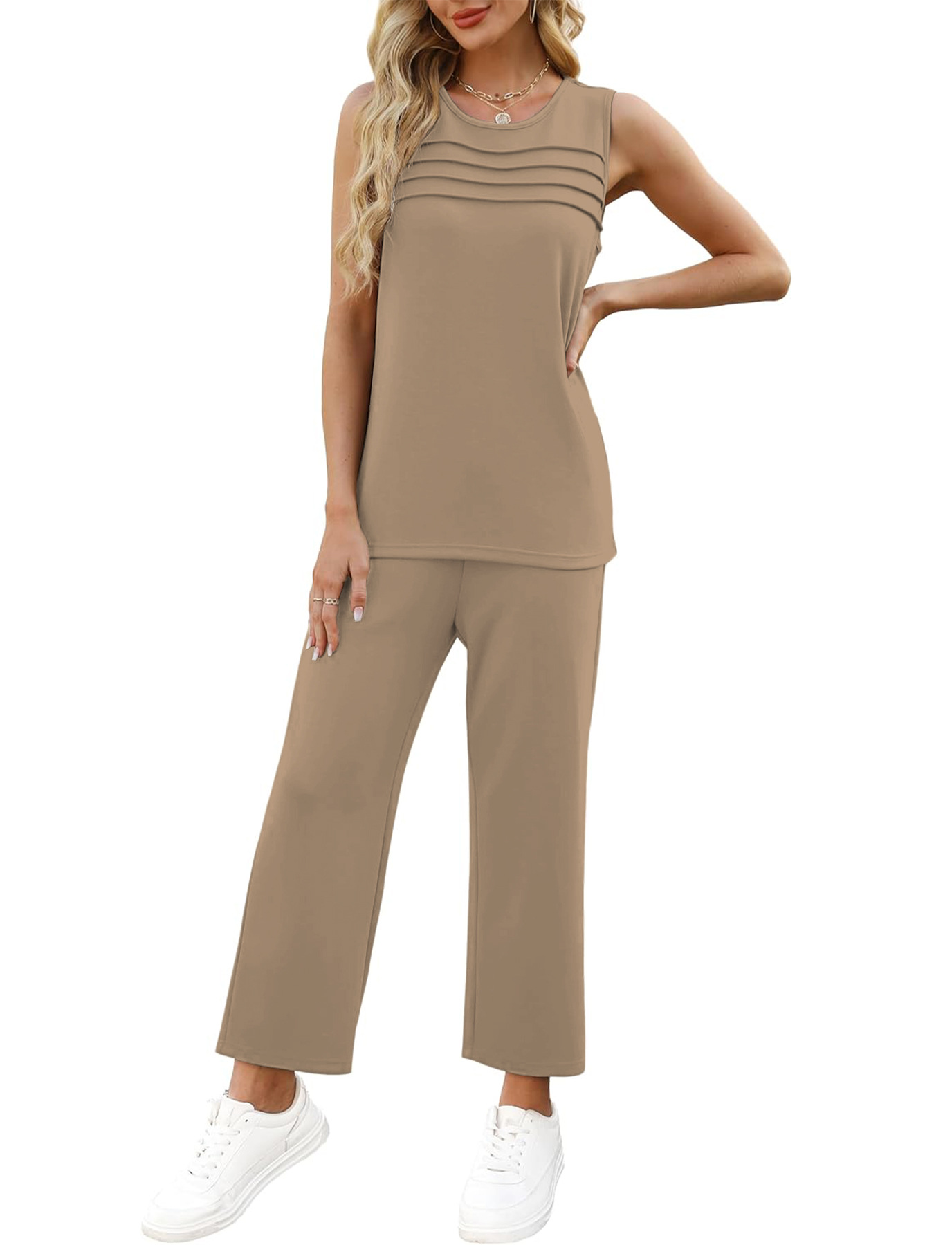 Sleeveless Hoodie & Pants Set For Women, Loose Fit Casual Jogger Outfit, Waffle Knit Cropped Top And Lounge Shorts Two Piece_ecoleips.com