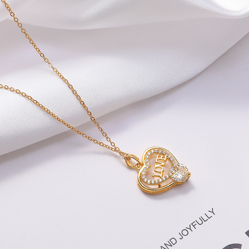 Fashion Double Love Titanium Steel Necklace Female Gold Inlaid Zircon LOVE Double Clip Stone Necklace Jewelry Wholesale