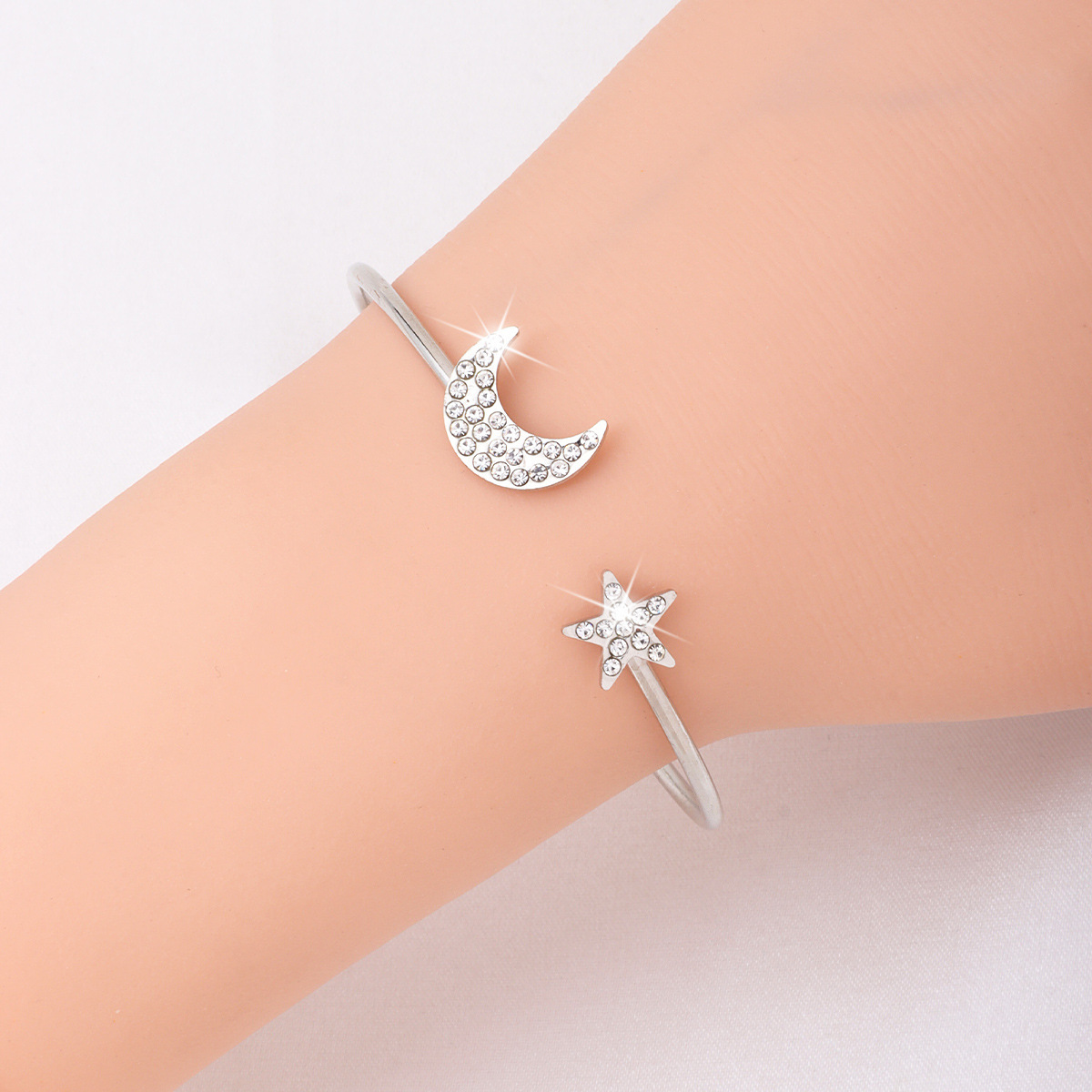 Fashionable Open Bangle Bracelet Set With Crystals Stars And Moons_voghion.com