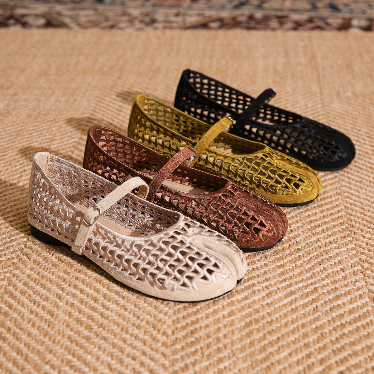 Woven summer breathable Mary Jane shoes square toe flat
