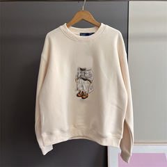 9708秋冬新款女士卡通渔夫帽熊印花休闲百搭加绒连帽套头卫衣