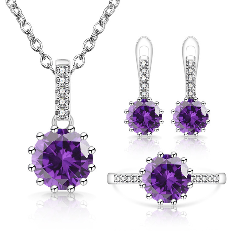 Light luxury style classic six-prong simple colored gemstone earrings, platinum-plated ring, necklace, earrings, foreign trade jewelry set