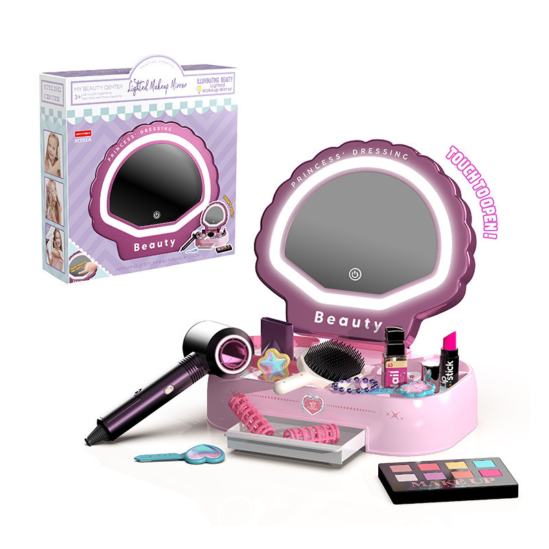 Comercio exterior para niños en el hogar juego de tocador para niñas simulación de espejo de maquillaje de inducción acústica y óptica secador de pelo juguetes
