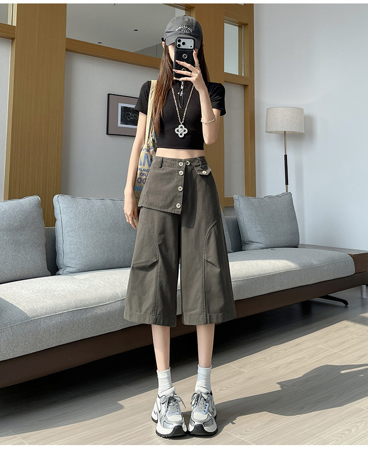 Quần culottes nữ ống rộng cạp cao dáng suông vải cotton — màu trắng chi tiết 21