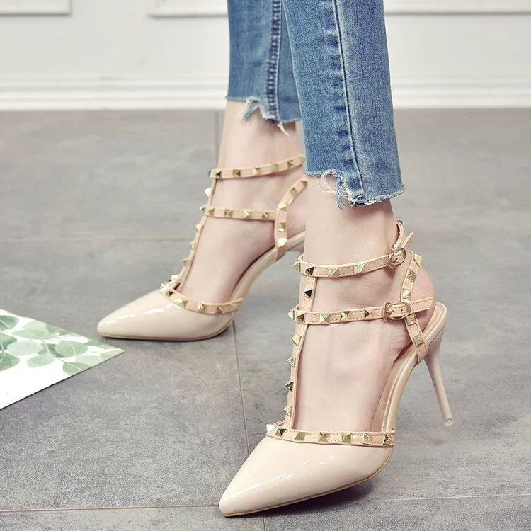 Женские однослойные туфли на шпильке с заклепками на высоком каблуке, универсальные летние сексуальные остроконечные туфли 2024 года с Т-образным ремешком на спине, пустые женские сандалии из ивы