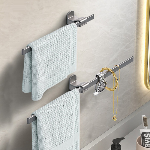 Bathroom towel rack without punching hole hanging towel bar minimalist light luxury internet celebrity gun gray single rod bathroom storage shelf