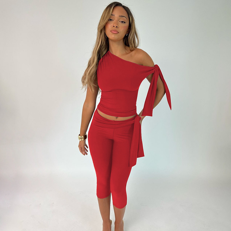 Women's Clothing Women's Sleeveless Asymmetrical Neck Top And Tie Shorts Versatile Set Slim Fit Street Style Fashion Autumn_ecoleips.com