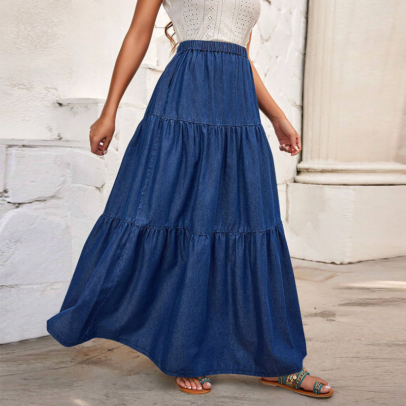 Jupe maxi en jean grande taille avec poches en coton stretch_voghion.com