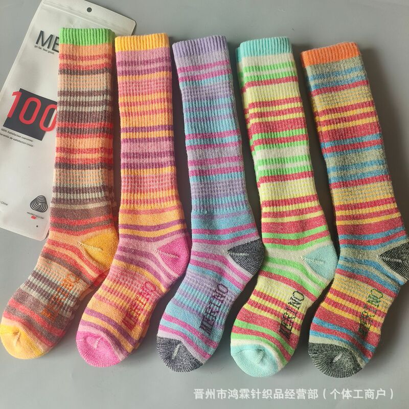 Women's Thickeneded Full Terry Merino Wool Towel Stockings Colorfulful Stripesd Warm Knee-High Ski Socks