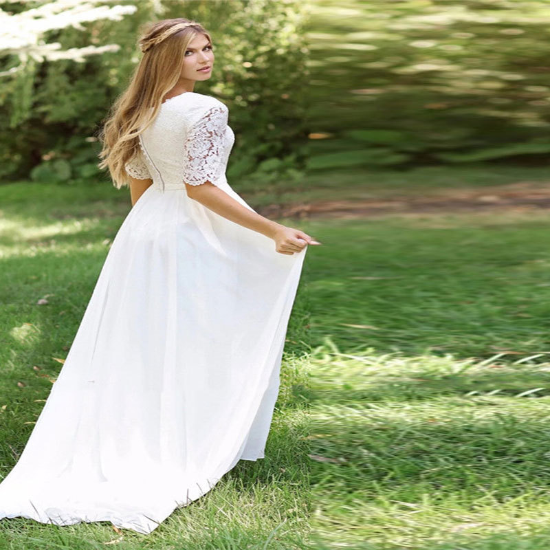 Comercio exterior de Europa y América Amazon AliExpress deseo moda nueva luz simple vestido de novia de encaje cuello redondo media manga vestido de novia largo