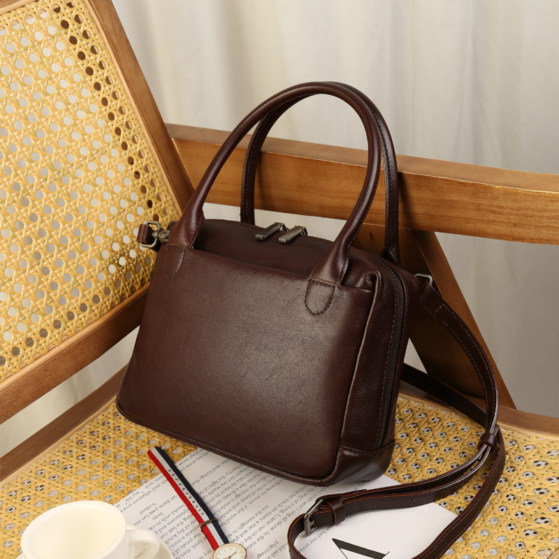 Women's Large Capacity New Genuine Leather Retro Commuter Boston Square Bag Casual Simple Luxury Handbag - Thumbnail 8