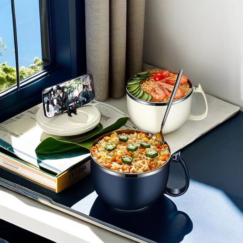 Gift 304 Stainless Steel Instant Noodle Bowl for Dormitory Students with Lid Rice Bowl Basin Soup Bowl and Chopsticks Set Instant Noodle Bowl
