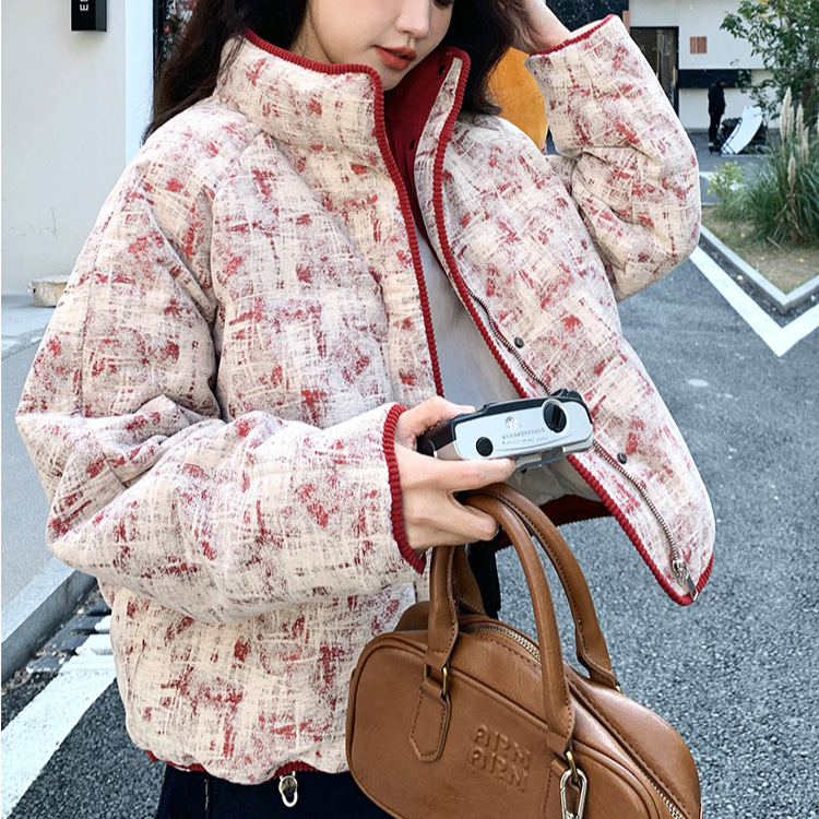 短款立领印花棉服女款2025新款冬季今年流行爆款巨好看的夹棉外套