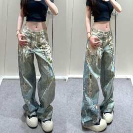 AC+1981U 男女同款设计时髦小众3D打印蕾丝珍珠印花链条直筒长裤
