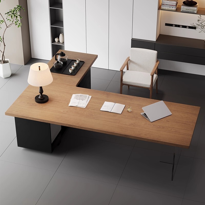 Modern Simple Solid Wood Corner Boss Desk Office Desk with Tea Table Integrated 2025 New Computer Desk Workbench