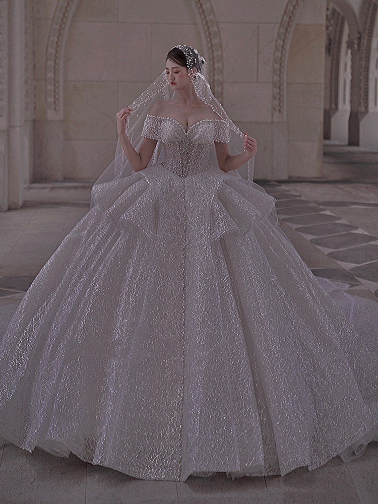 One shoulder wedding dress 2025 new bride main wedding dress texture…