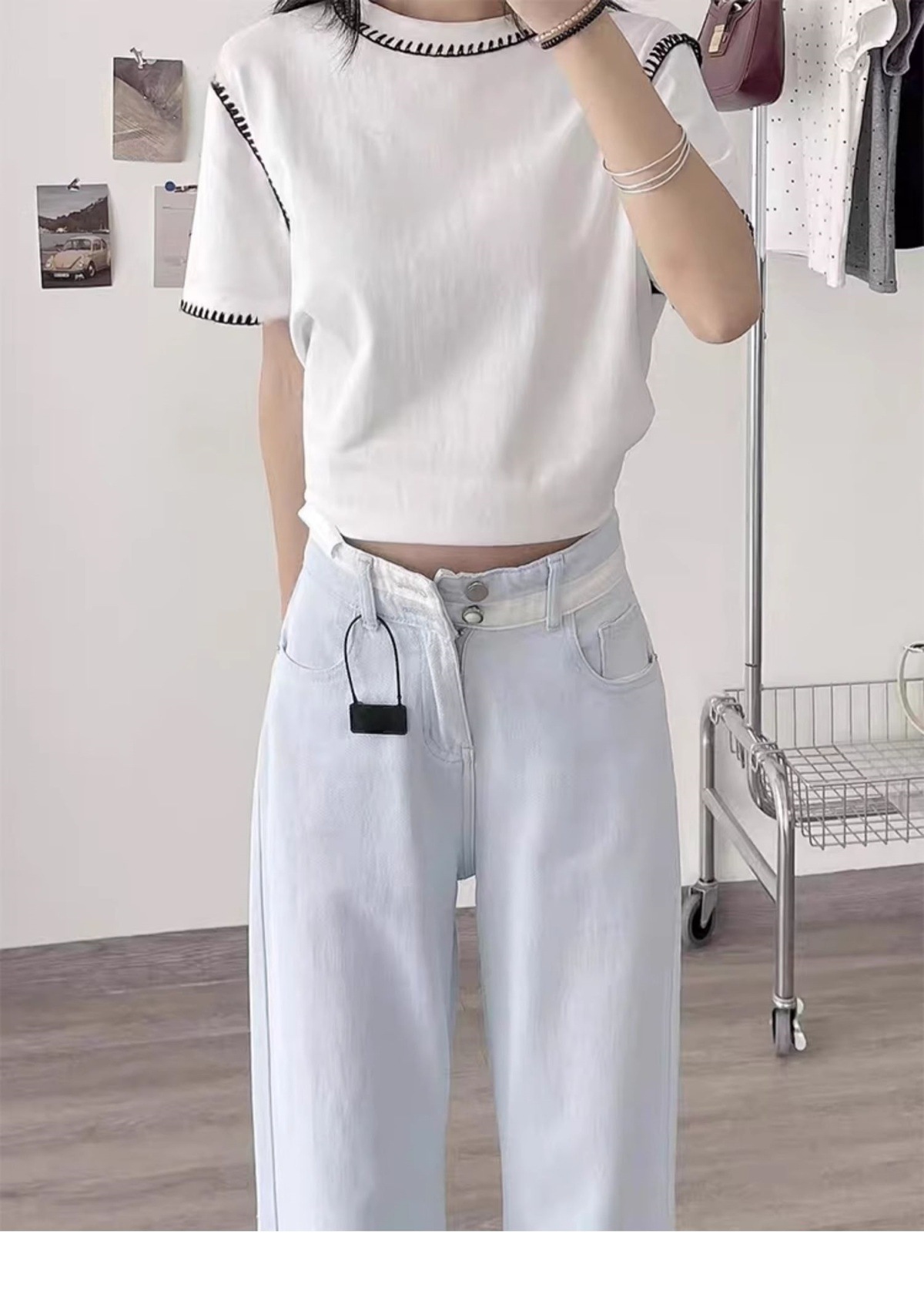 Hellblaue Damen Jeans Mit Hoher Taille Gerade Geschnitten_voghion.com