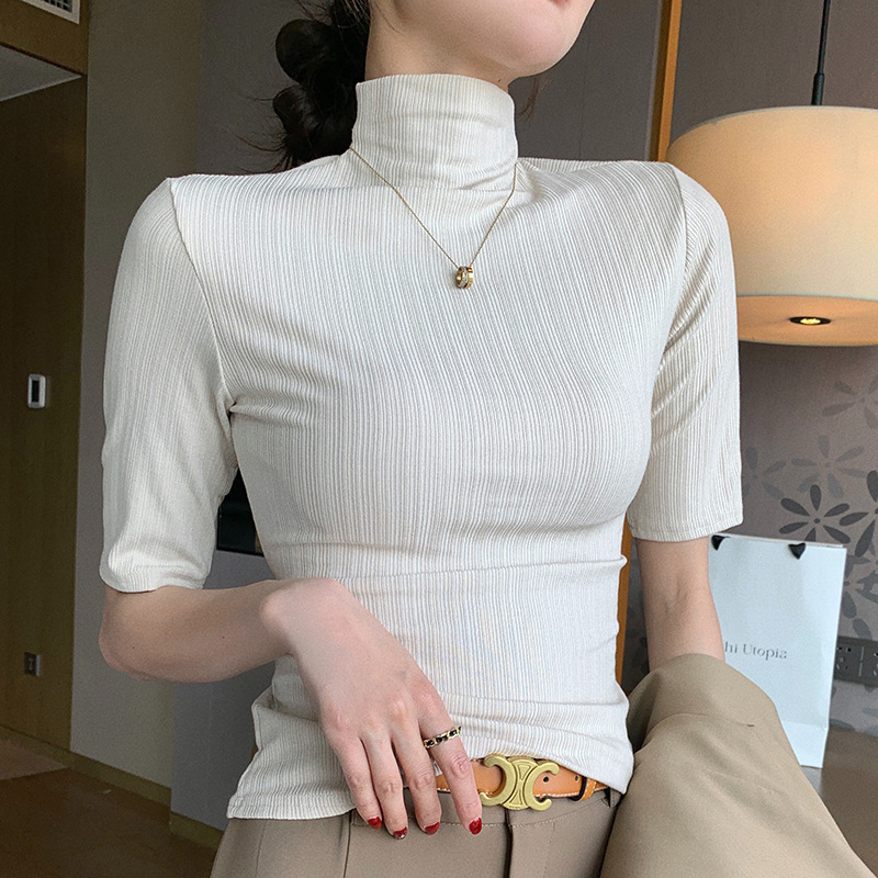 H342 生放送人気半袖 Tシャツ新しい女性のトップスハーフタートルネック五分袖サンシェードボトリングシャツ服女性のための|undefined