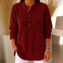 2025跨境欧美秋冬新款灯芯绒纯色宽松休闲V领纽扣长袖女式上衣T恤