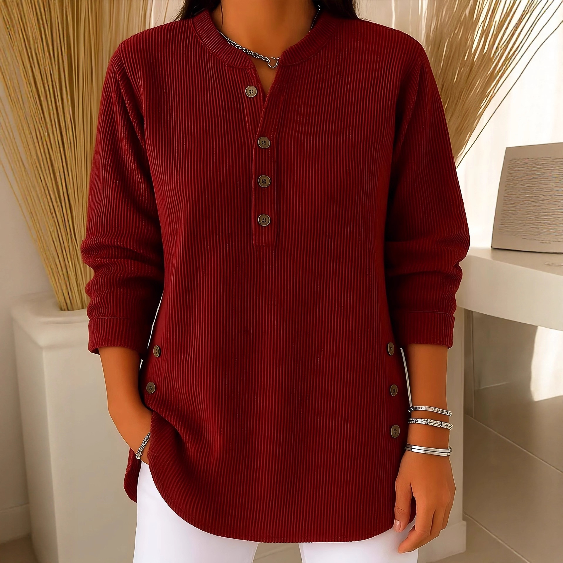 2025跨境欧美秋冬新款灯芯绒纯色宽松休闲V领纽扣长袖女式上衣T恤