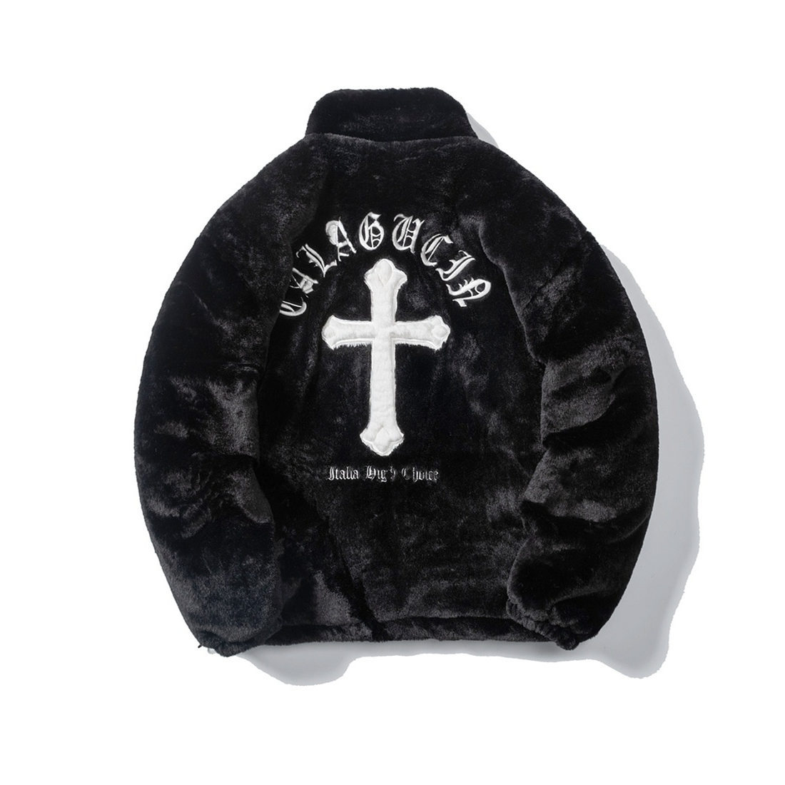 美式潮牌字母刺绣仿兔毛外套男街头嘻哈宽松情侣保暖加厚棉服上衣