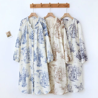 定制睡裙春季新款纯棉棉纱双层纱布V领可外穿简约中长家居服裙子