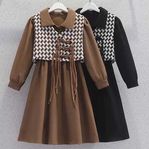 Girls Dress Autumn New Children's Korean Style Houndstooth Vest Shirt Skirt Children's Clothing Girls Spring and Autumn Two-piece Set