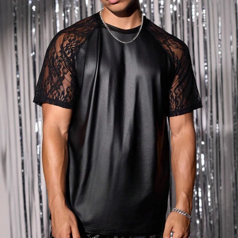 Cross-border foreign trade new men's short-sleeved lace stitching patent leather sexy nightclub style men's T-shirt top