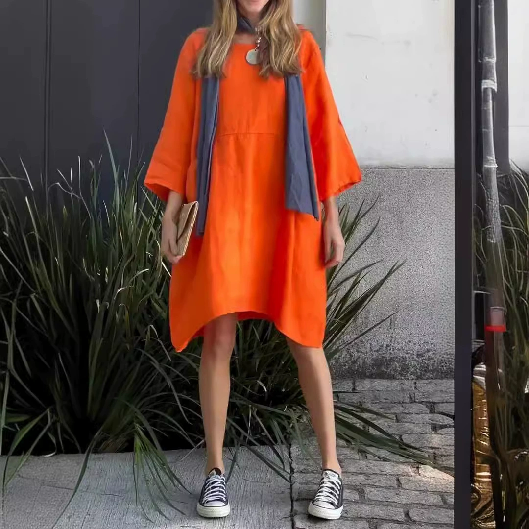 Летнее женское платье 2025 года, независимая модель, европейско-американский стиль, свободного кроя, с карманами, из хлопка и льна, милый цвет.