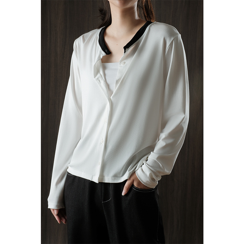 [Lyocell] Tencel Classic Contrasting Color Round Neck Knitted Cardigan for Women, New Soft and Waxy Comfortable Inner Slimming Look Top