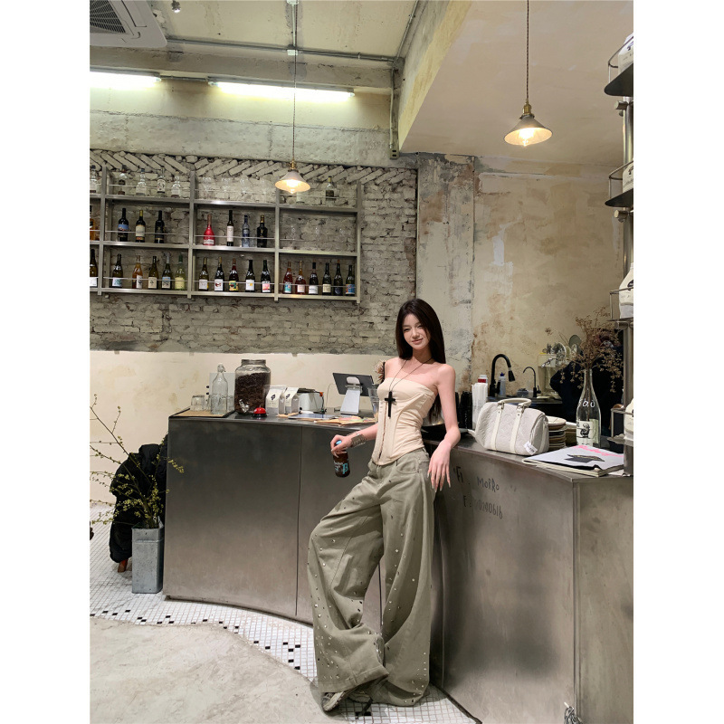 Real Shot of 2026 Outerwear Tummy Control Shapewear Hot Girl Fishbone Vest Two-Piece Set Low-Waist Retro Loose Wide-Leg Pants