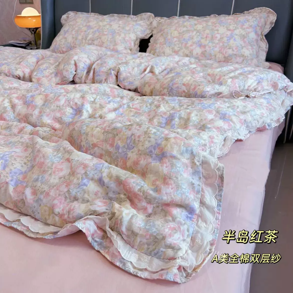 Комплект постельного белья из хлопковой марли, для мамы и малыша, 4‑предмета (150×200 см), ажур/двуслойное кружево