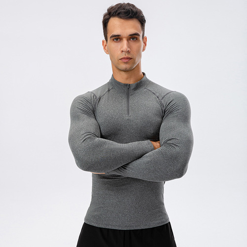 Men's autumn and winter velvet fitness clothes, high-elastic tight-fitting sports running training long-sleeved warm stand-up collar sweatshirt 11517