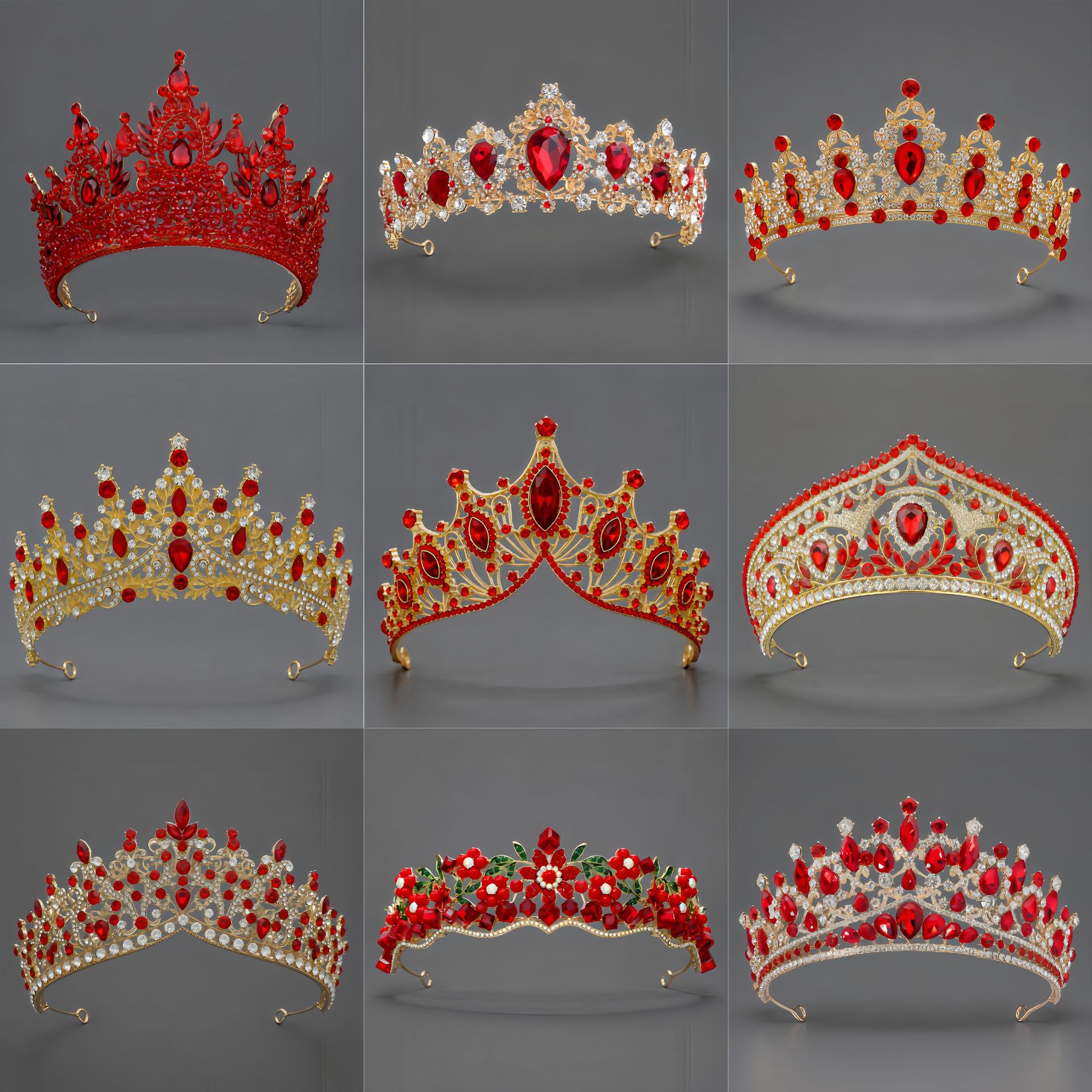 Corona Barroca Retro con Cristales Rojos de Aleación y Cristal Rojo, Acabado galvanizado, para desfiles, bodas y fiestas image 1