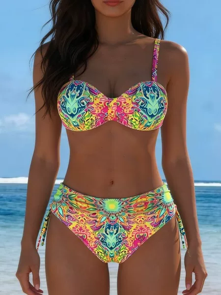 2026 Cross-Border Bikini Printed Tie-Back Swimsuit for Women, Sexy European and American Style Printed Tie-Back Swimsuit