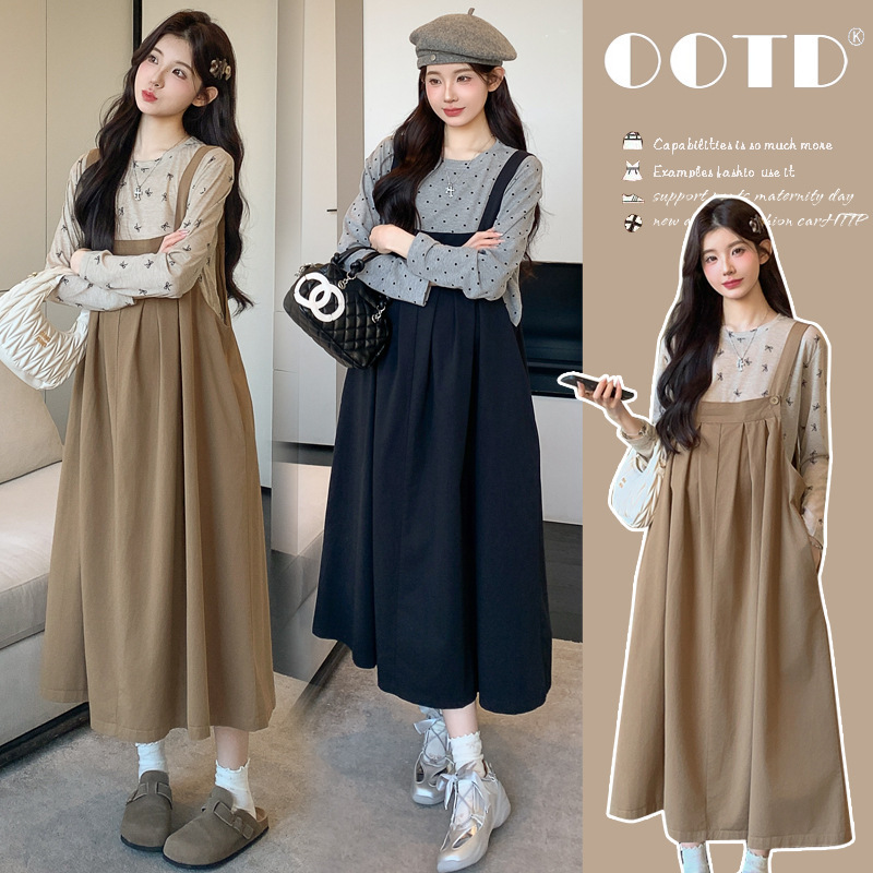 Maternity Dress Spring and Autumn Trendy Mom New Pregnancy French Style Outfit Plus Size Loose Suspender Dress Two-Piece Set Maternity Dress Spring and Autumn Trendy Mom New Pregnancy French Style Outfit Plus Size Loose Suspender Dress Two-Piece Set