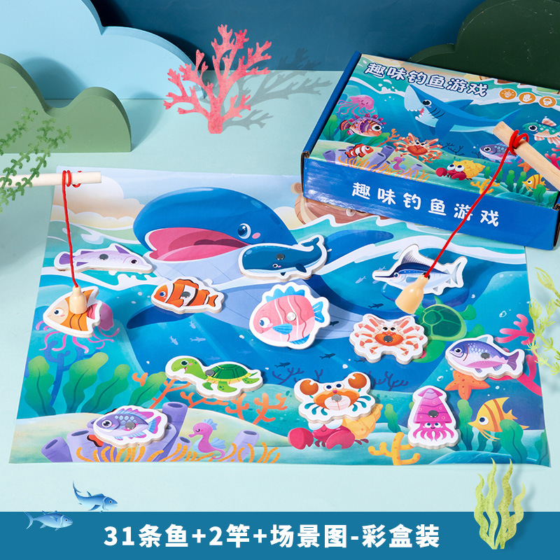 Diversión de madera barril magnético pesca marina juego de cartas juego ejercicio coordinación mano-ojo juguetes educativos
