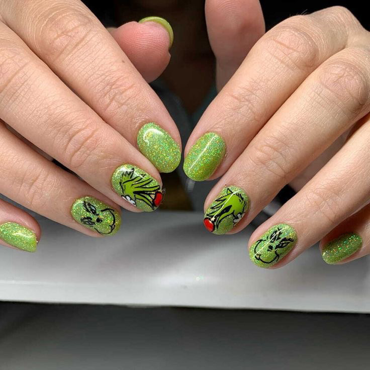 24 Pieces of Short Square Nails with Glitter, Unique Green Grinch Green Monster Christmas Fake Nails, Removable Nail Pieces