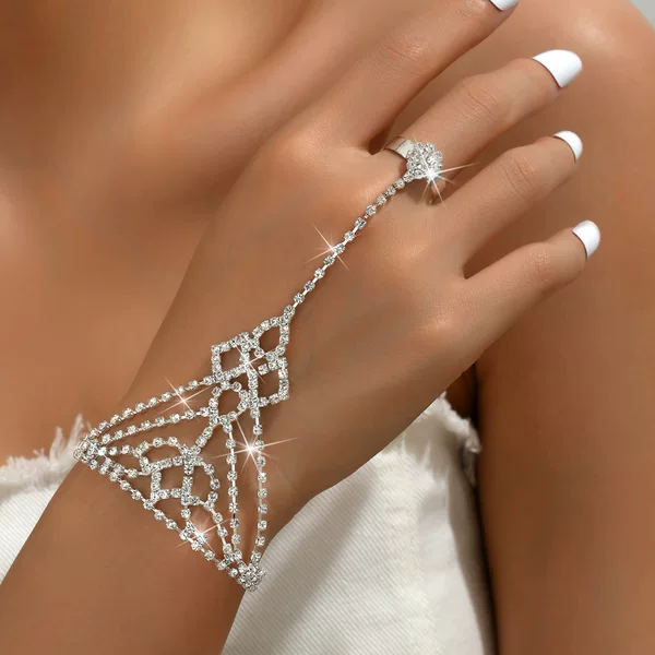 Brand New European and American Fashion Diamond Bracelet Ring Integrated Chain Latin Dance Hand Chain Trendy Women Mix and Match Bracelet