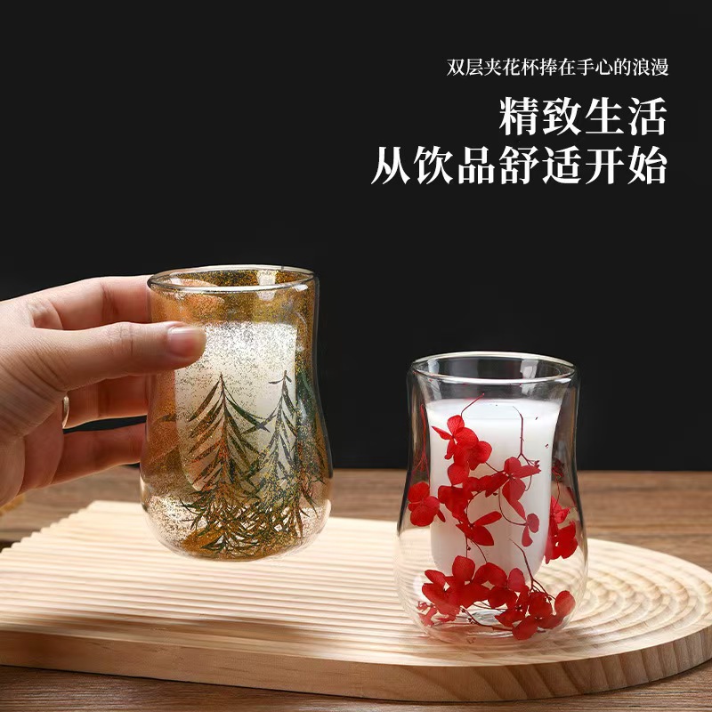 厂家供应双层杯干花创意咖啡杯耐高温茶水杯家用玻璃杯带把手