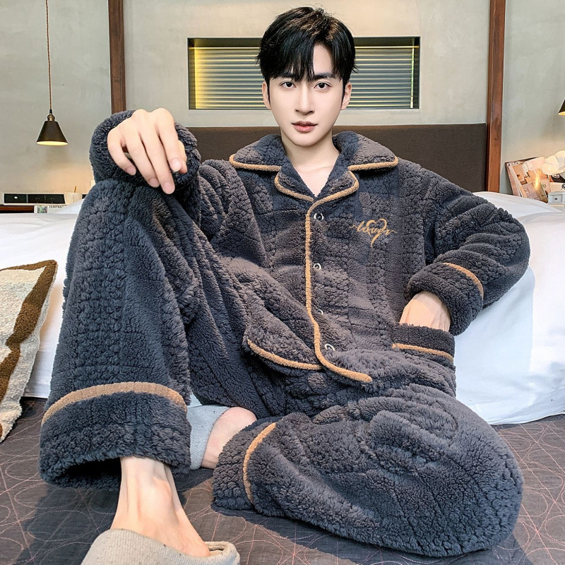 산호 홈 옷 새로운 잠옷 남성 기모 느슨한 플러스 사이즈 외부 따뜻한 플란넬 가을과 겨울 두꺼운 세트