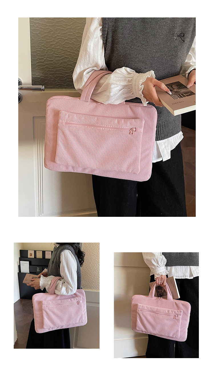 ng2510227 Bolsa feminina de veludo cotelê de 14 polegadas, modelo maleta simples e elegante para uso diário, ideal para notebooks e laptops._voghion.com