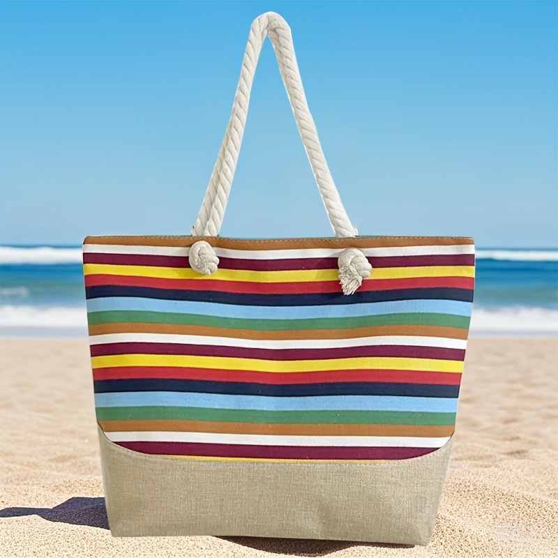 Arco iris rayas de gran capacidad tote bag cordón de cáñamo correa de hombro costera bolsa de compras de vacaciones