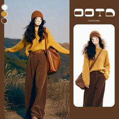 秋冬のギャル風は女性の新型のファッション的な洋風のニットのセーターの高腰の広い足のズボンの2つのセットを着ます。